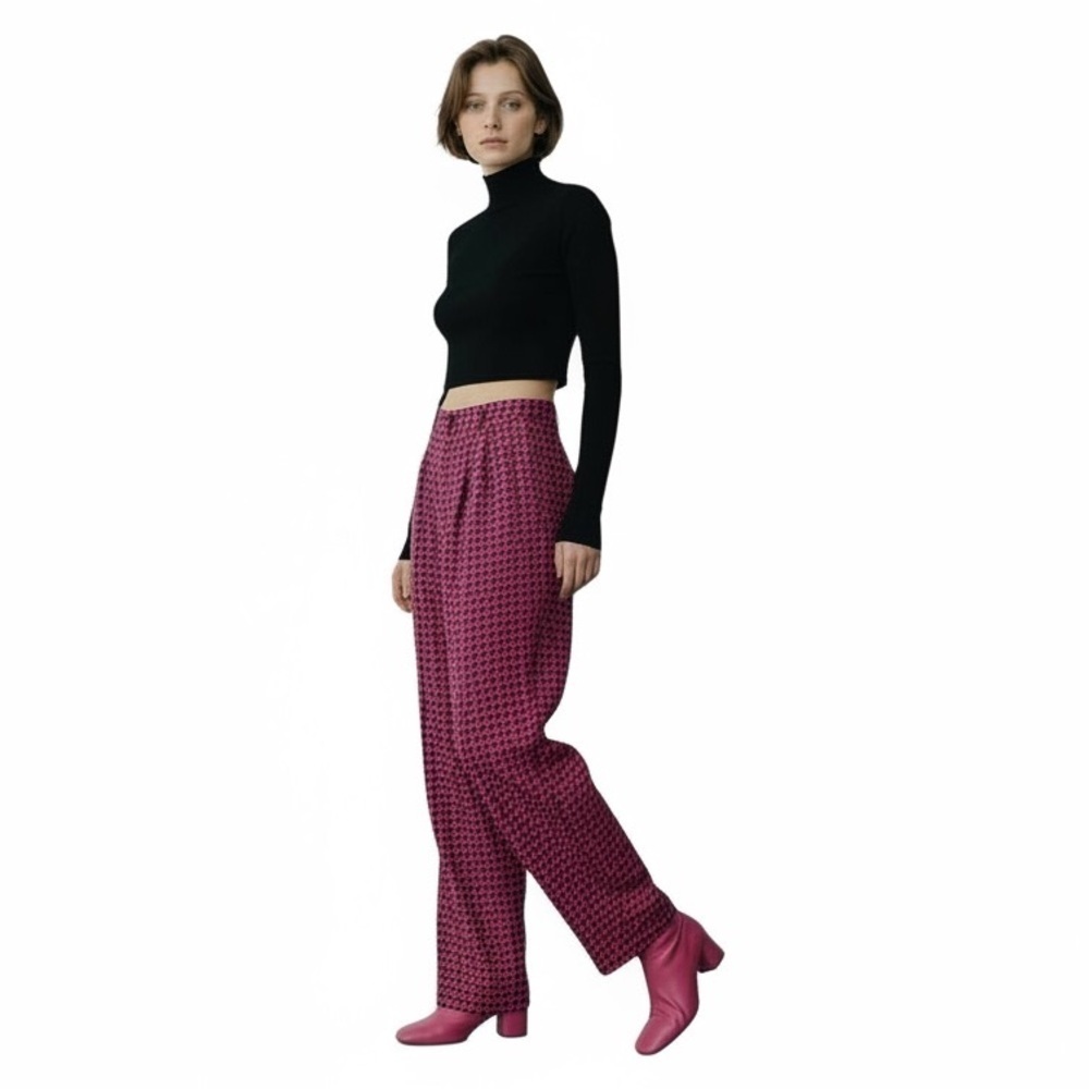 Vintage Hot Pink Houndstooth High Waist Tapered Pants | Retro Statement Trouser